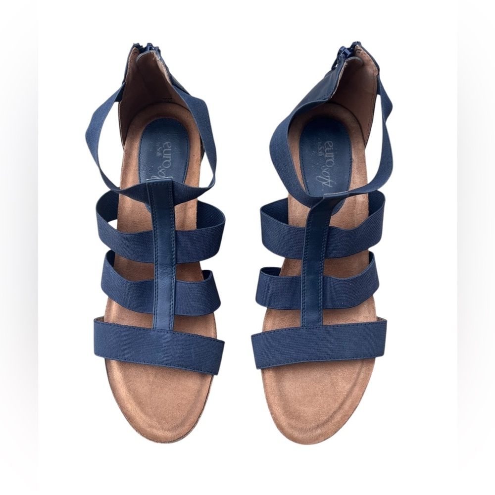 EuroSofft Women's Sandal Gladiator Low Wedge Heel Blue Stretchy Straps Size 11 - Picture 2 of 8